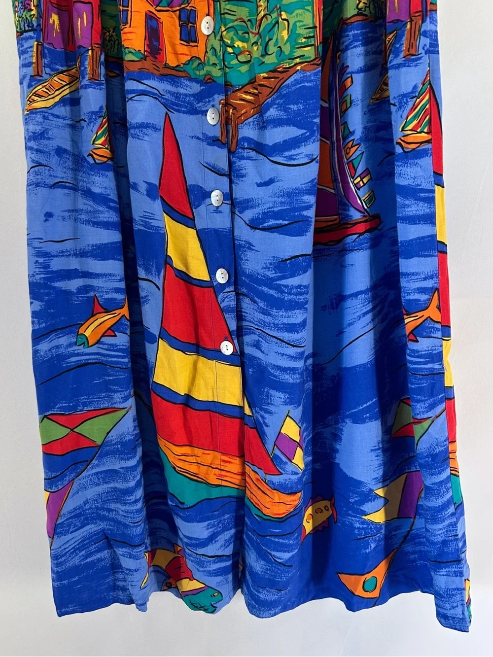 Vintage Handmade Blue Boat Ship Print Button Front Midi Skirt